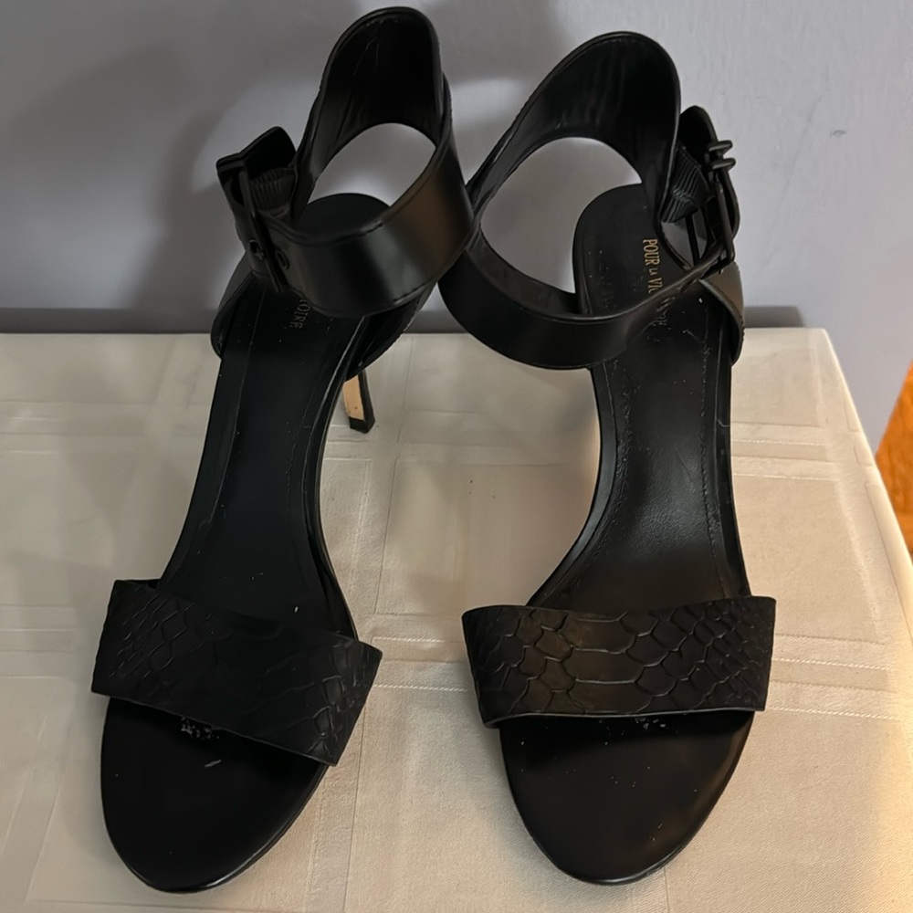 Pour La Victoire black leather open toe ankle strap stiletto heels